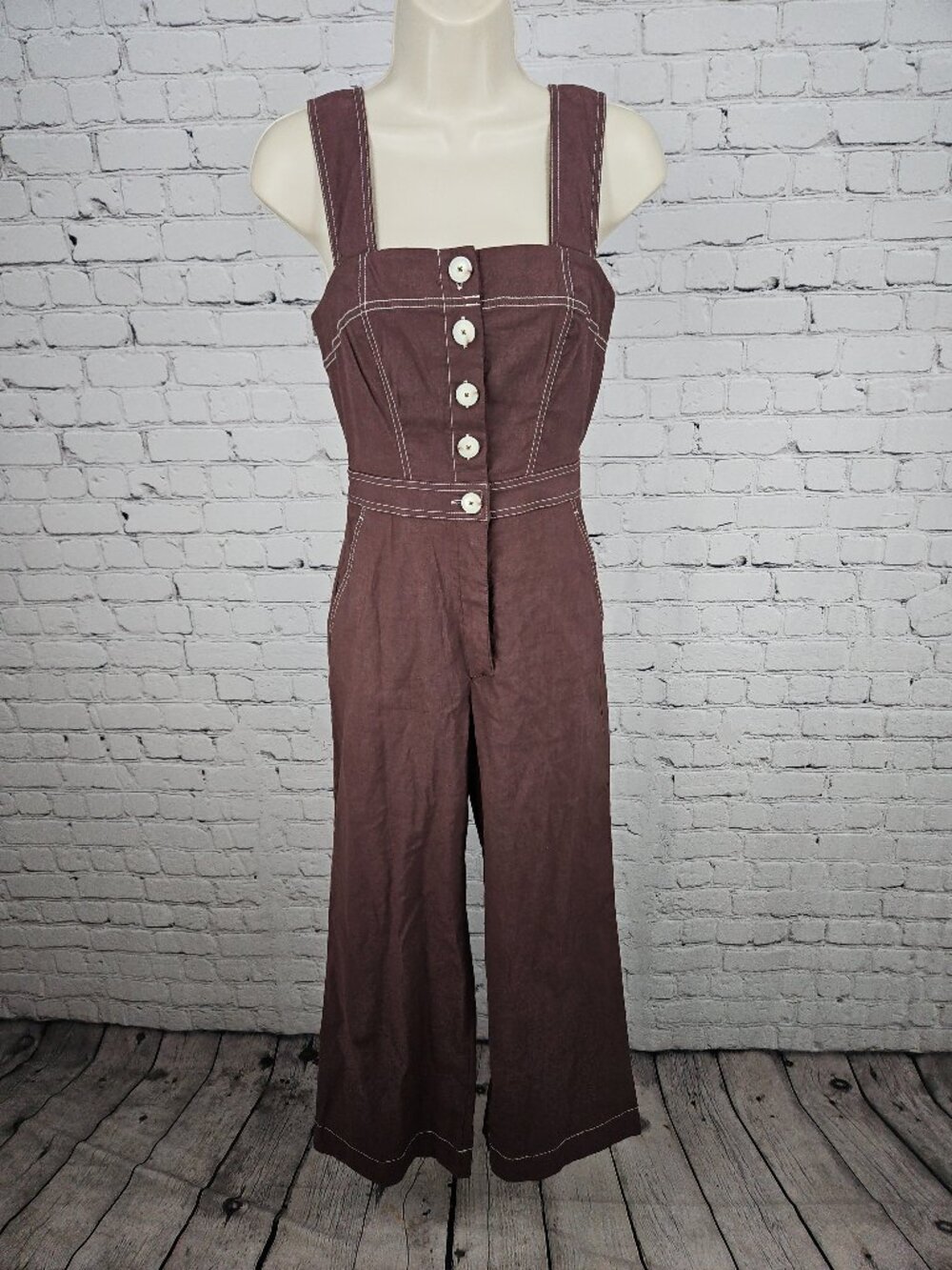 Maeve Anthropologie Colette Brown Contrast Stitch Wide Leg Jumpsuit 0
